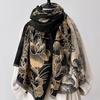 Vintage-Inspired for Lotus Print Scarf - Thick Warm Polyester Shawl for Women, Black & Cream Auspicious Design, Perfect for Winter Cold Weather
