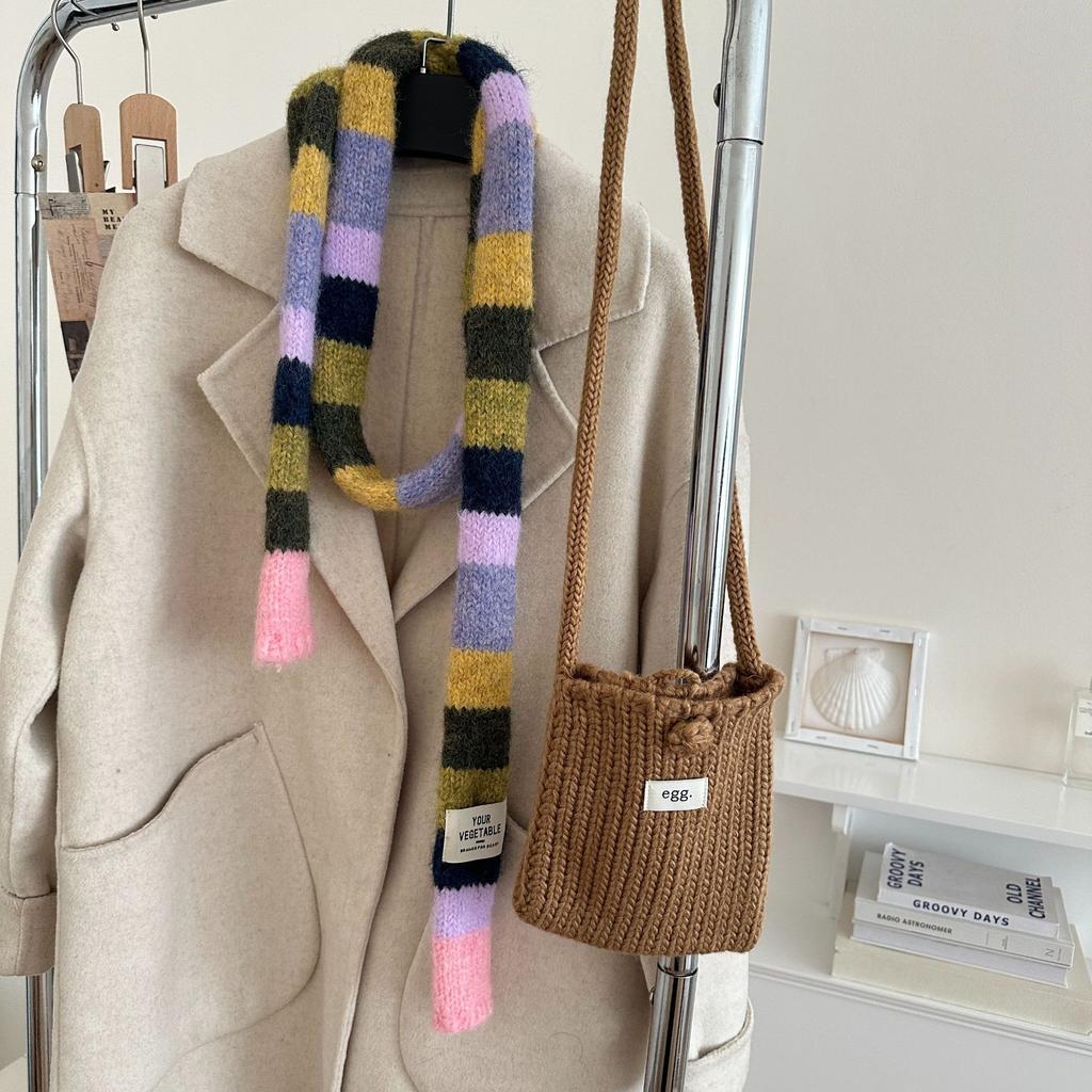 Korean Y2K Striped Scarf Knitted Wool with Colorful Splicing Contrast Long Narrow Scarves Sausage Thin Scarf Winter Scarves Wrap