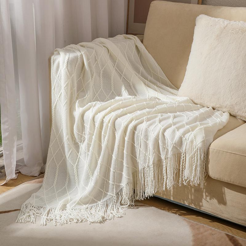 Acrylic Caramel Knitted Throw Blanket with Tassels for Bed,Couch,Chairs,Lightweight, Soft Cozy Textured Blankets Christmas Gift