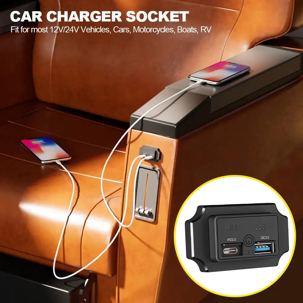 12 В-24 В автомобильное зарядное устройство QC 3.0 USB PD Type C с сенсорным переключателем, быстрая зарядка для мотоцикла, автофургона, лодки