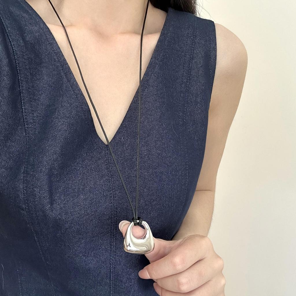 Minimalist Silver Pendant Necklace: Women's Adjustable Black Rope Sweater Chain