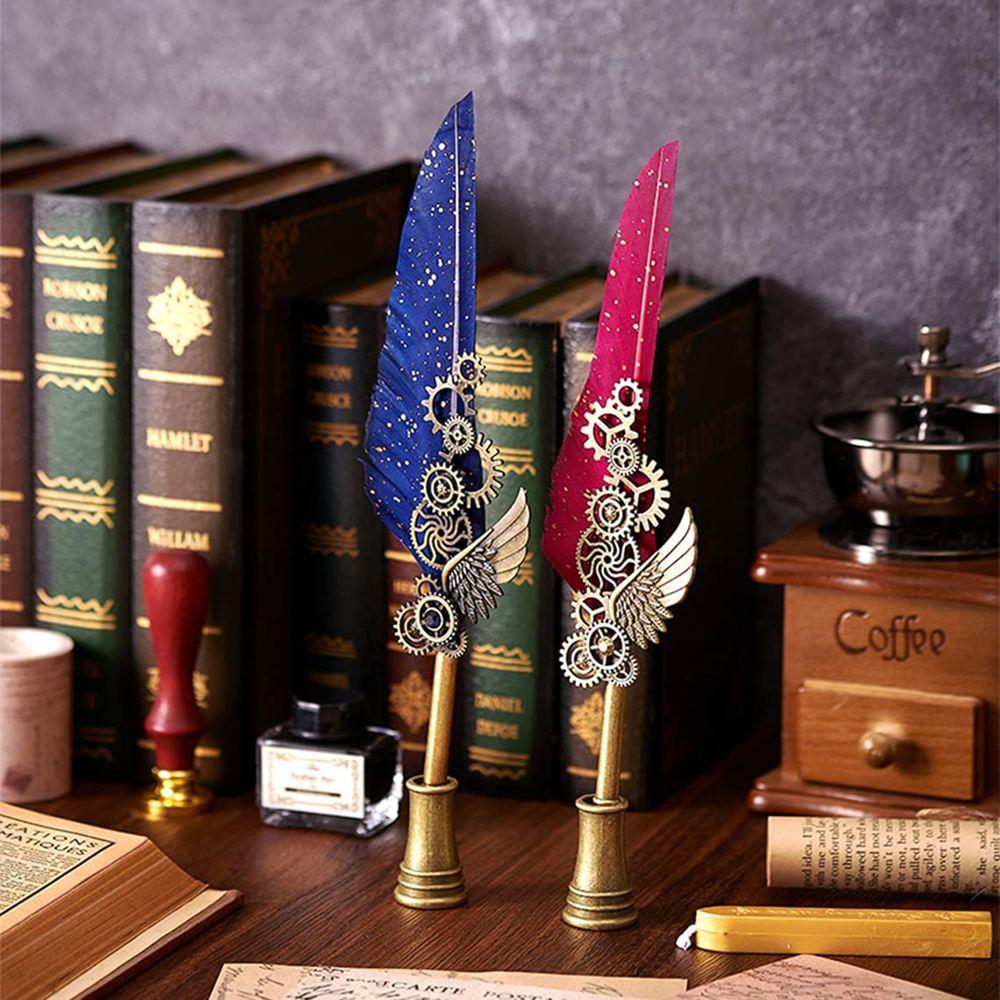 Carving Pen Stand Base Feather Pen Set Glittering Quill Pen Set Writing Dip Pen Feather Dip Pen