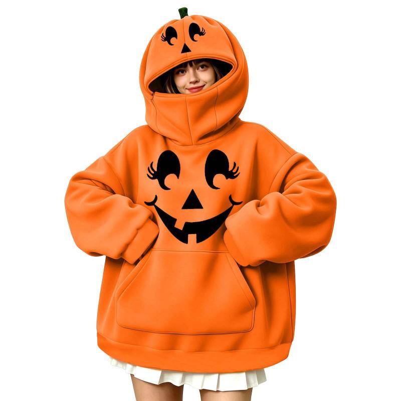 Halloween Pumpkin Print Hooded Sweatshirt Women Casual Long Sleeve Top