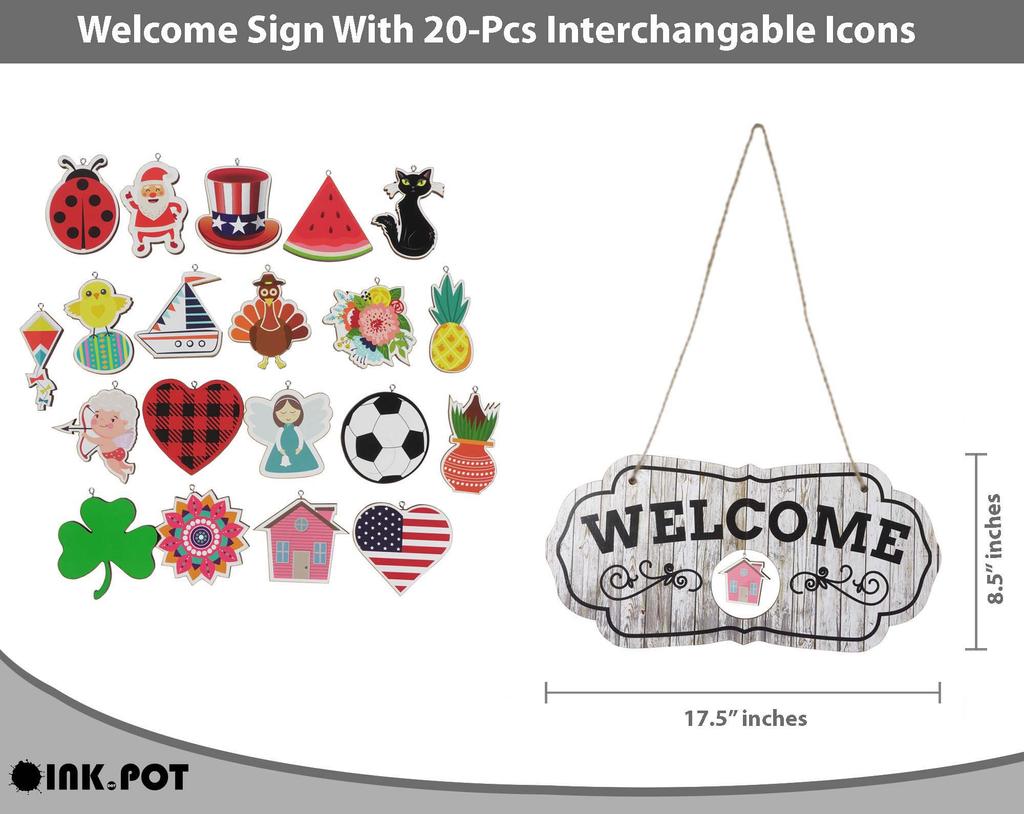 Inkdotpot Welcome Sign Front Door Decorations Hanging Rustic Wood Seasonal Holiday Ornaments Housewarming GiftWall Hanging 17.5" Inches