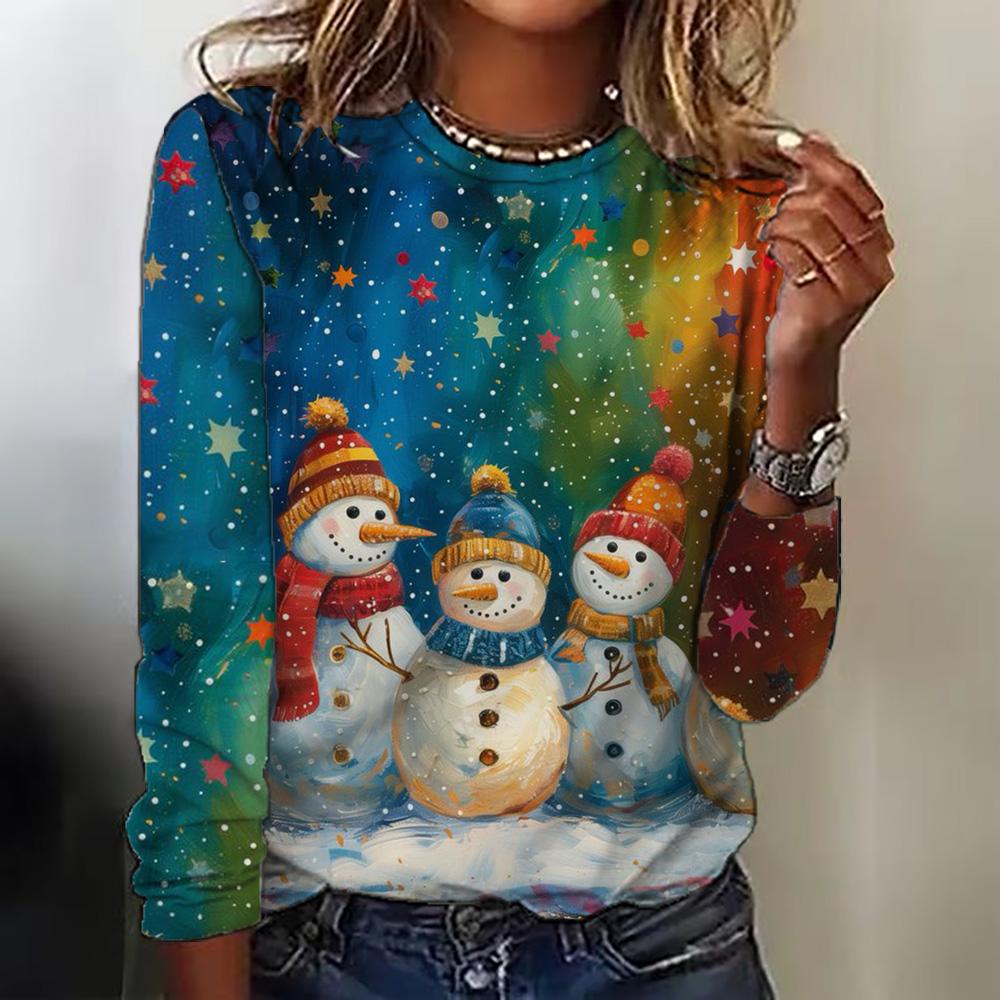 Летний топ с круглым вырезом и 3D рождественским принтом, модные и повседневные женские футболки с длинными рукавами
