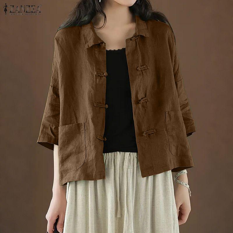 ZANZEA Женская летняя блузка из хлопка с отложным воротником, свободного кроя, с рукавом до локтя