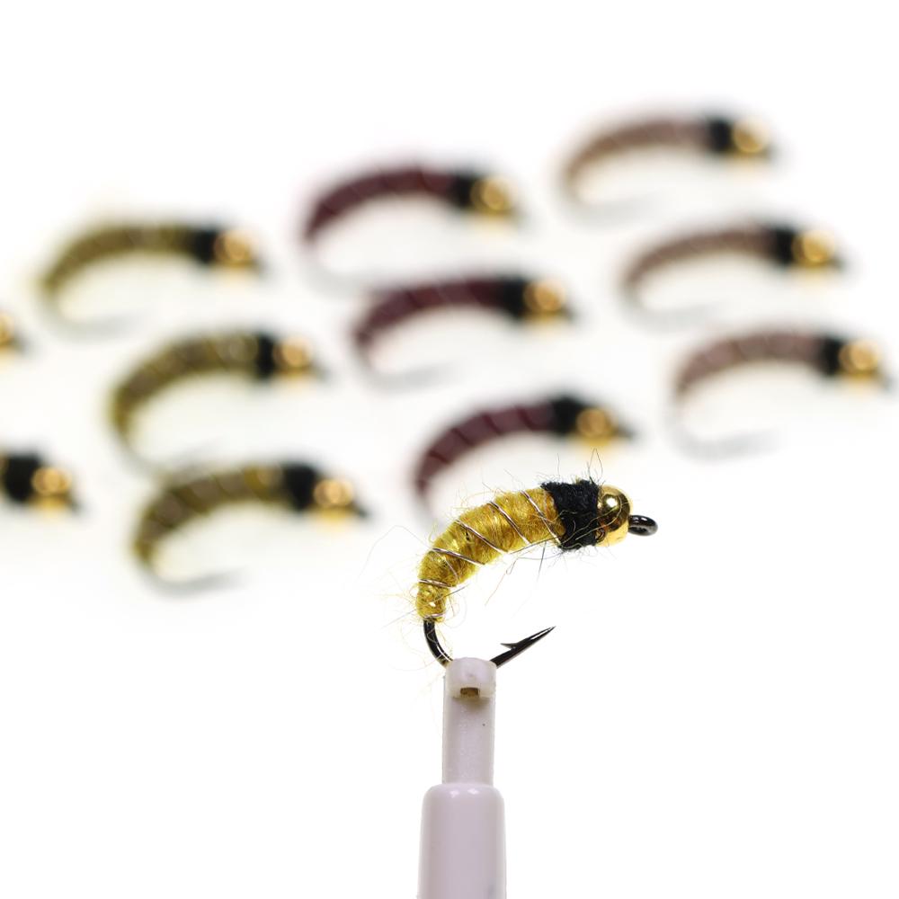 6/8 шт. 2 размеров Нимфа личинки ручейника с головкой из бусинки Реалистичный жук-бокоплав Червь для ловли форели и хариуса (Крючок с бородкой, Быстро тонущий)