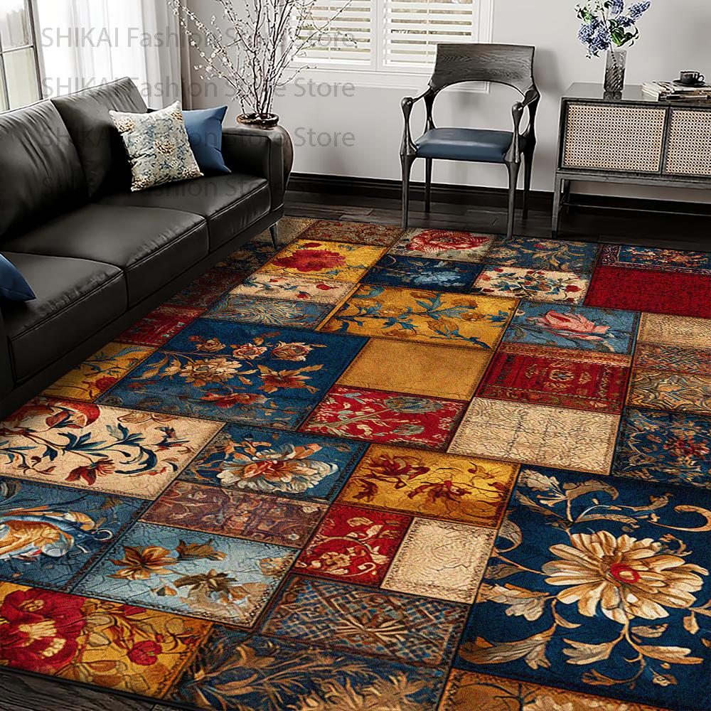 Retro Flower Geometric Stitching Living Room Rug Decoration Living Room Classical Fluffy Carpet Easy Clean Non-slip Floor Mats