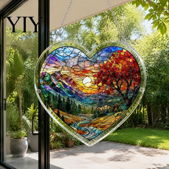 Colorful Wall Patterns Heart-Shaped Acrylic Suncatcher Jigsaw Puzzle, 7.48 Inch Dragonfly Floral Window Hanging Puzzle for Adults Decor with