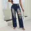 Jeans Women's Ripped Pocket Retro High Waisted Straight Leg Pants