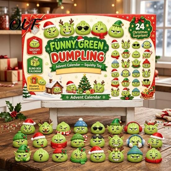 Soft TPR Fidget Toy Green Elf Dumpling Advent Calendar for Christmas, with 24 Stress Relief Squeeze Toys, Christmas Themed Gift Box Days Xmas