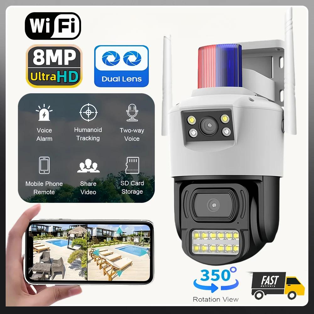 8MP 4K Wifi Dual Lens Protection Waterproof Security CCTV Video Surveillance Police Light Alarm IP Camera
