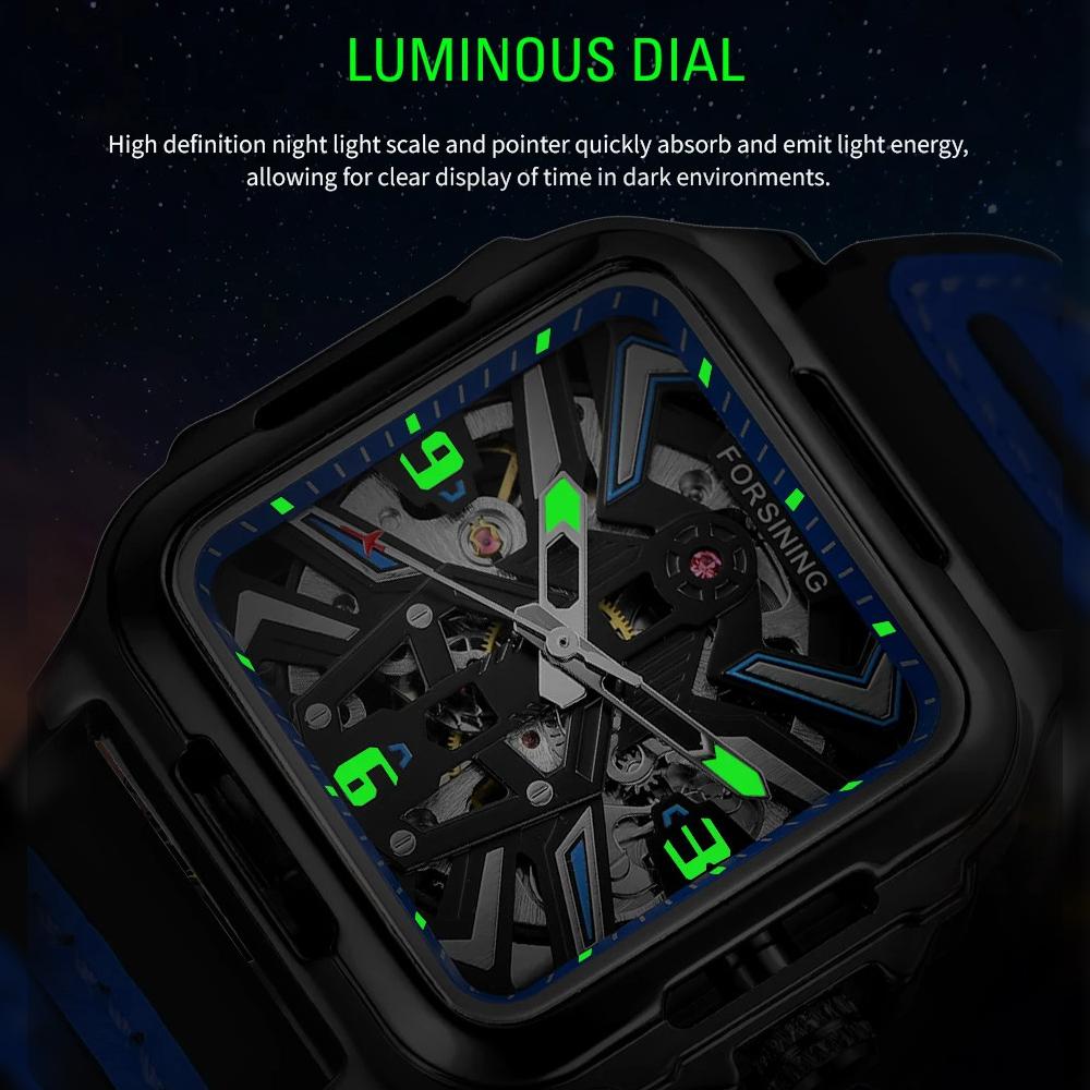 Luxury Square Transparent Skeleton Mens Watches Field Sports Rubber Band Mechanical Watch Luminous Waterproof Reloj Hombre 2024