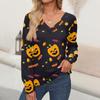 Женские топы с принтом на Хэллоуин, рубашка с длинным рукавом, V-образный вырез, повседневная свободная футболка, осенняя одежда