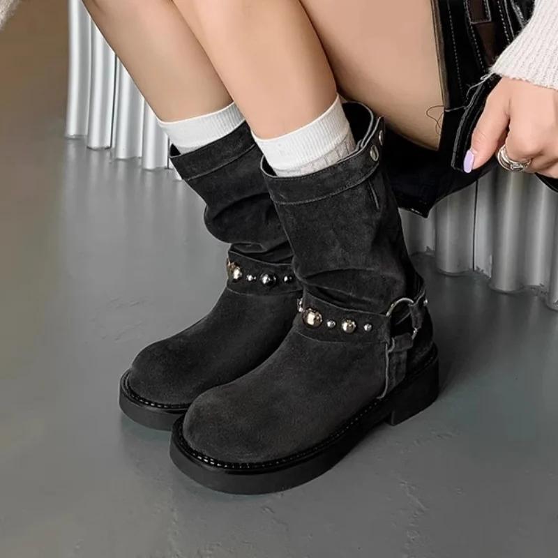 Fashion Shoes for Women 2024 Fashion Sleeve Women's Boots Winter Round Toe Suede Solid Middle Tube Chunky Heels Boots Botas De Mujer
