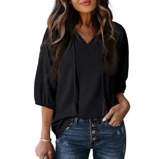 Женская футболка с V-образным вырезом, жаккардовым декором, рукавами 3/4, пуловер, однотонный, свободного кроя, для вечеринки и повседневной носки