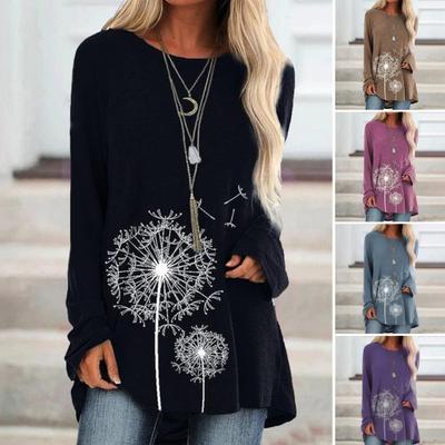 Женская туника больших размеров с принтом одуванчика и удлиненной рубашкой с круглым вырезом и длинным рукавом