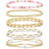 Dainty Gold Plated Pearl Crystal Beaded Bracelets Set for Women 14K Gold Plated Bead Pearl Beads Bracelet Stackable Paperclip Link Chain Bracelets