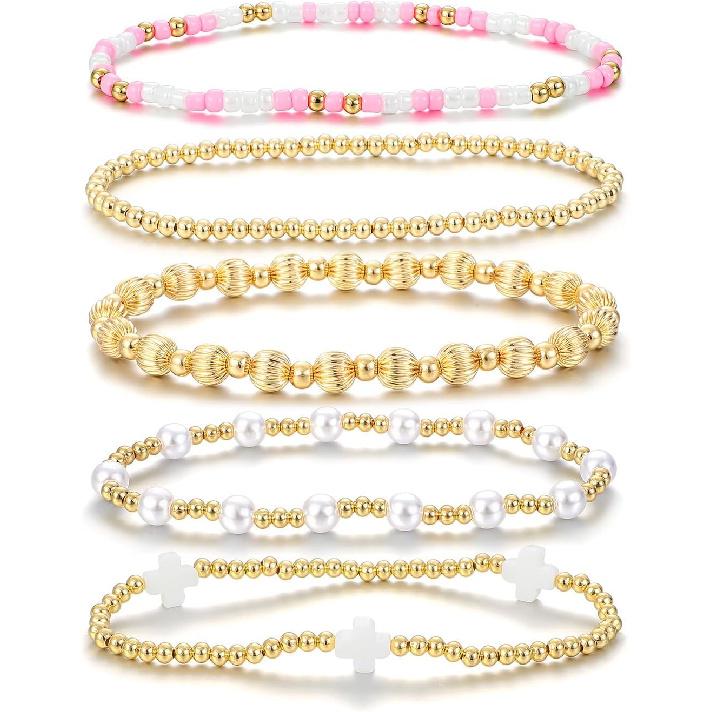 Dainty Gold Plated Pearl Crystal Beaded Bracelets Set for Women 14K Gold Plated Bead Pearl Beads Bracelet Stackable Paperclip Link Chain Bracelets