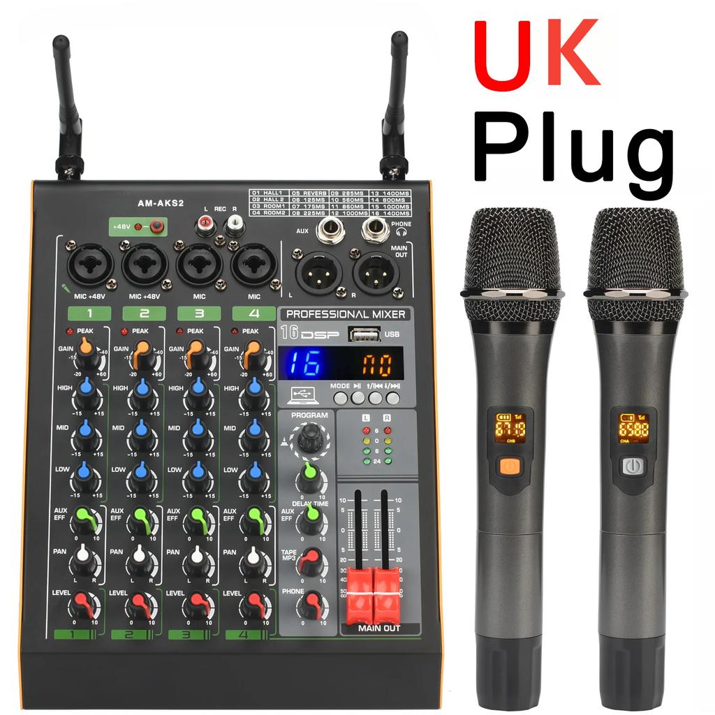 4 Channel Mixing Console with 2 UHF Wireless Microphone Bluetooth 16 DSP USB Computer Record PC Sound Audio Mixer AM-AKS2