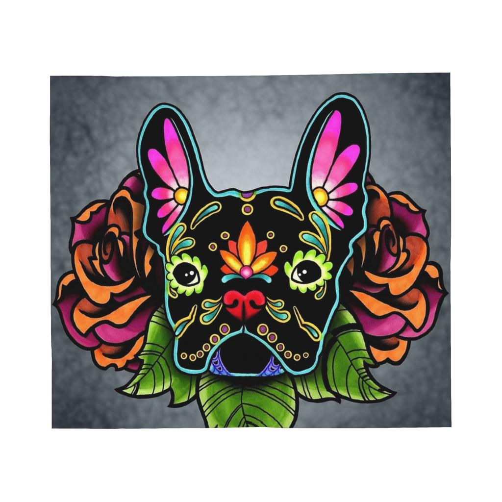 French Bulldog in Black Sugar Skull Dog Blanket Flannel Day of the Dead Warm Throw Blanket for Sofa Travel Plush Thin Quilt