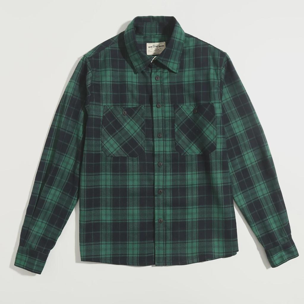 Мужская утолщенная рубашка цвета хаки в клетку - Retro American Workwear, 300 г, с длинными рукавами и двойными карманами