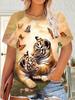 Women Crew Neck Short Sleeve T‑shirt Cute Tiger Cubs Butterfly Flower Vintage Art Print Summer Casual Top