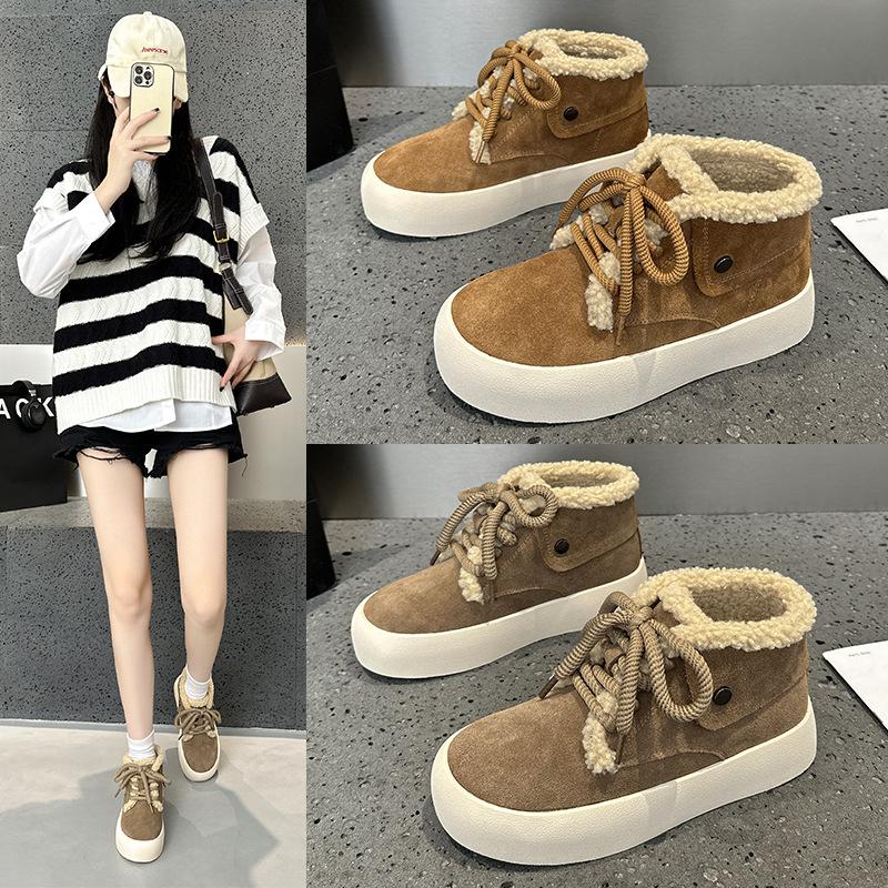 Добавить флисовые теплые шерстяные туфли женские 2024 зимние новые ретро матовые толстые подошвы модные все повседневные хлопковые туфли на шнуровке