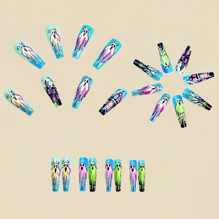 24Pieces Halloween Coffin Fake Nail Blue Bat Pumpkin Design Durability Nail For Women Party Costume Accessories