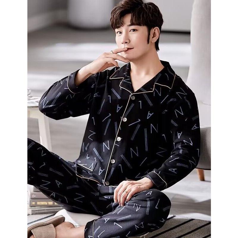 Мужская пижама из чистого хлопка весна-осень с длинными рукавами, кардиган для пожилых людей среднего возраста, комплект домашней одежды, молодежная повседневная свободная пижама