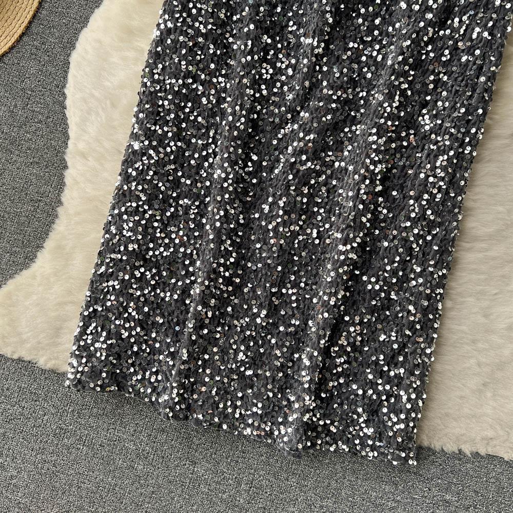 Высококачественная нишевая юбка с высокой талией и блестками, женская осенняя сумка средней длины во французском стиле ретро, ​​платье на бедрах