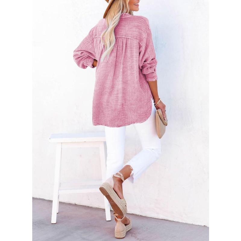 YYFS Women's Fashion Casual Spring Fall Solid Color Print Long Sleeve V-Neck Blouses & Shirts