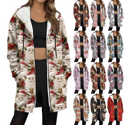 Женская модная флисовая куртка-худи на молнии свободного кроя с рождественским принтом