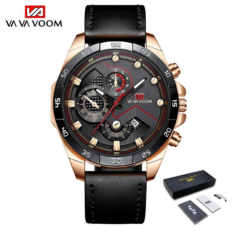 VA VA VOOM Спортивные часы для мужчин, модные кварцевые часы, лучший бренд класса люкс в стиле милитари, водонепроницаемые наручные часы из нержавеющей стали с хронографом и кожаным ремешком