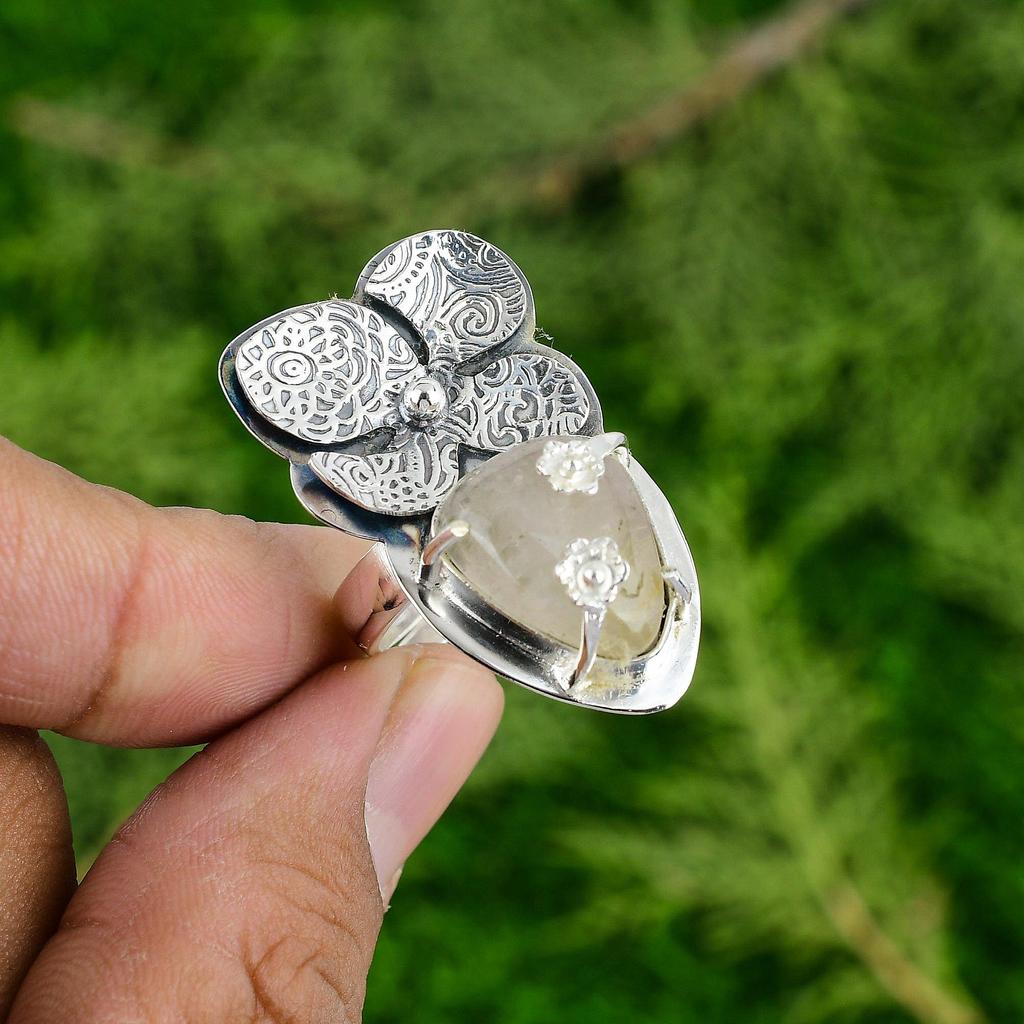 Mothers day Sale 925 Silver Golden Rutile Stone Solitaire Flower Bezel Boho Ring