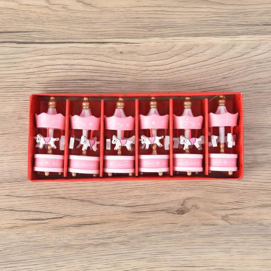 6Pcs Wooden Carousel Christmas Ornament Xmas Tree Hand-painted Merry-Go-Round Hanging Decoration Home Office Holiday Party Pendant