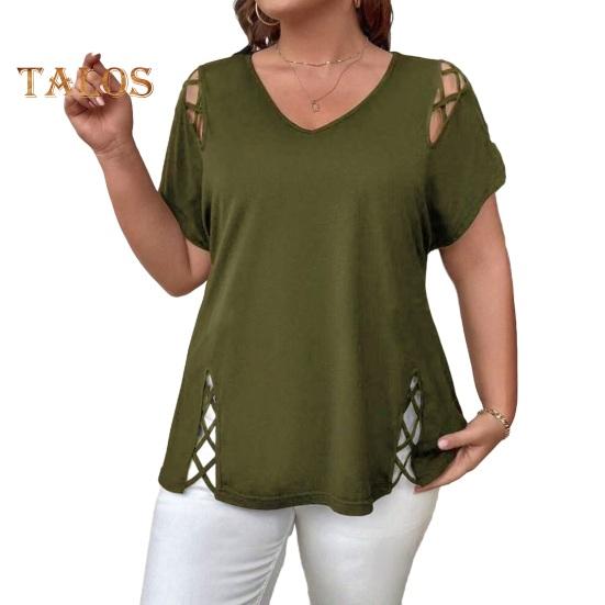 Женская летняя футболка с V-образным вырезом, коротким рукавом, однотонная, свободного кроя, повседневные топы с ажурным перекрестным дизайном