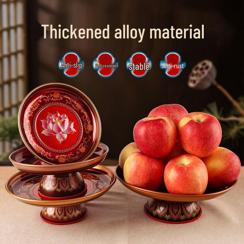 Fruit Offering Plate for Buddha, Deity Altar Plate with Alloy Lotus Flower, God of Wealth, Guanyin Bodhisattva.