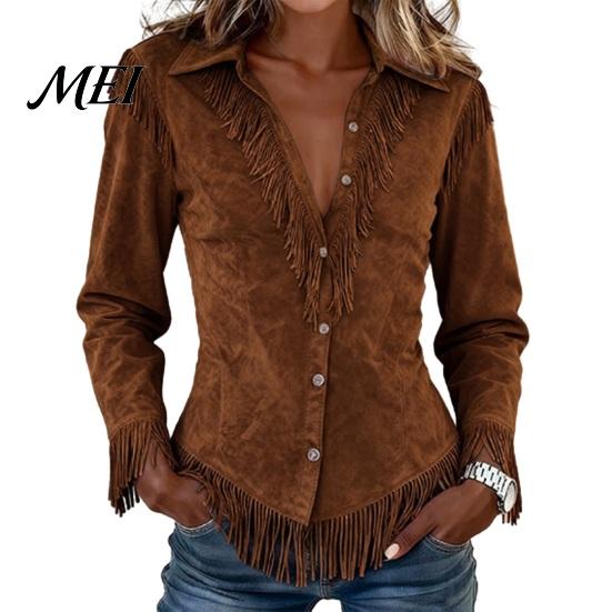 Long Sleeve Blouses Women Tassel Shirt for Autumn, Button Down Slim Fit Fringe Casual Tops Blouse, Solid Color Top, Western Cowgirl Outfit Blouse