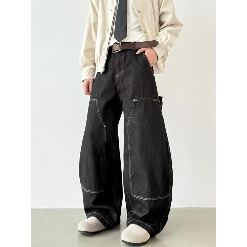 American Style 2026 Vintage Color Block Cargo Jeans Loose Straight Leg Pants Men Women