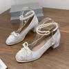 High Heels Women's New 2024 New Chinese Bow Pearl Chain Square Head Light Mouth Thick Heel Versatile Mary Jane Shoes