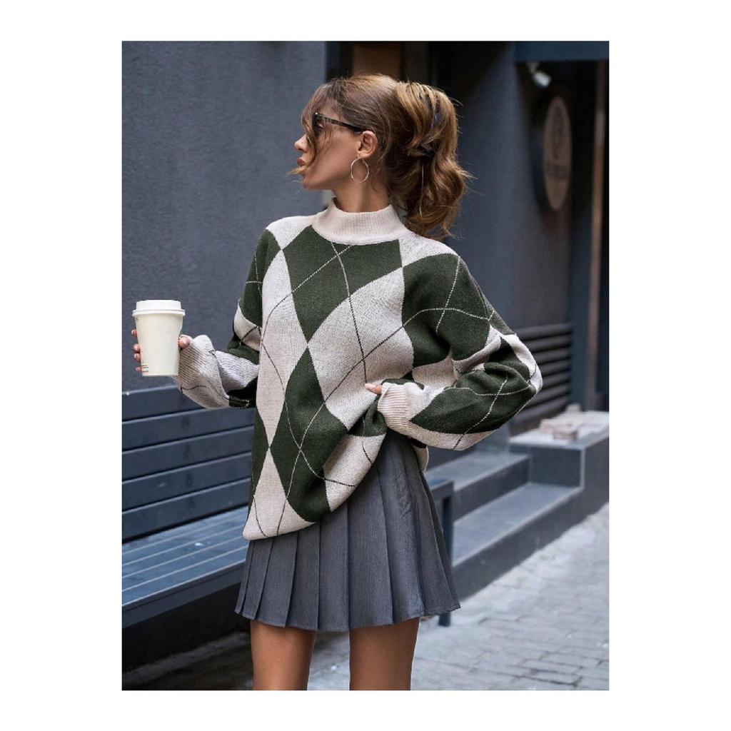 Women's Diamond Patterned Black High Collar Knitwear Sweater