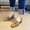 Metal Buckle Square Toe High Heels Women 2024 Spring and Autumn New Low Cut Mid Heeled Female Shoes Leather Fashion Single Shoes