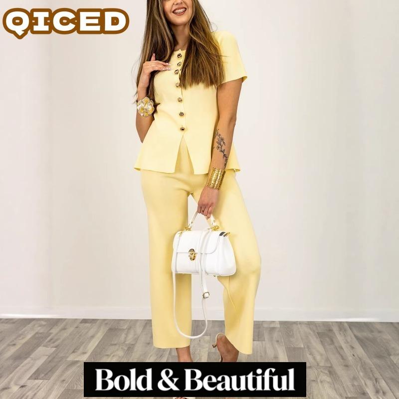 QICED Женские модные повседневные летние весенние костюмы с брюками с коротким рукавом и V-образным вырезом