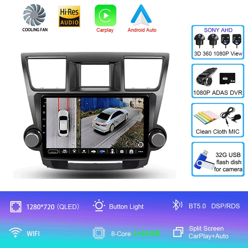 Автомобильное радио Android 14 Carplay Auto для Toyota Highlander 2 XU40 2007-2013 Мультимедиа Видео Плеер Навигация GPS Стерео 2din DSP