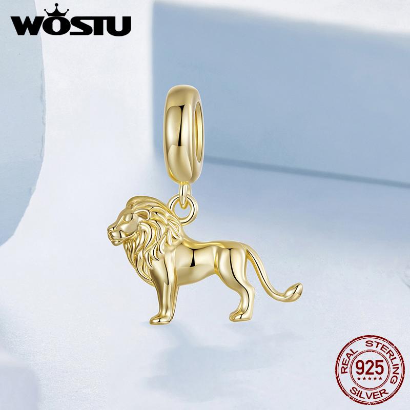 WOSTU 925 Sterling Silver 18K Gold Plate Leopard Lion Pendant Animal Charm For DIY Jewlery Gift Fit Original Bracelet Necklace