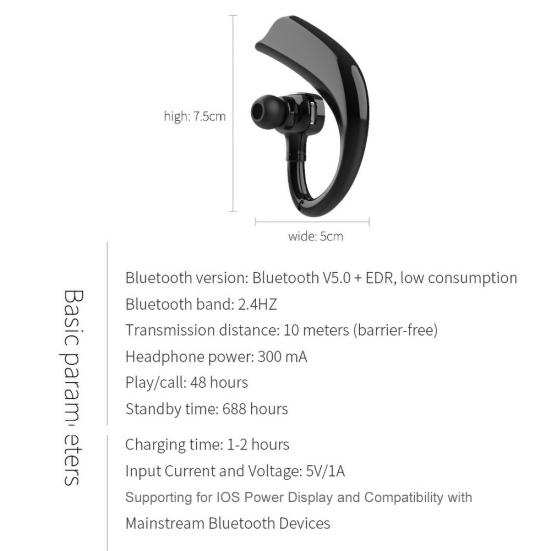 1Pc Ear Hook Wireless Bluetooth-compatible 5.0 Stereo Earphone Hands-free Business Headset