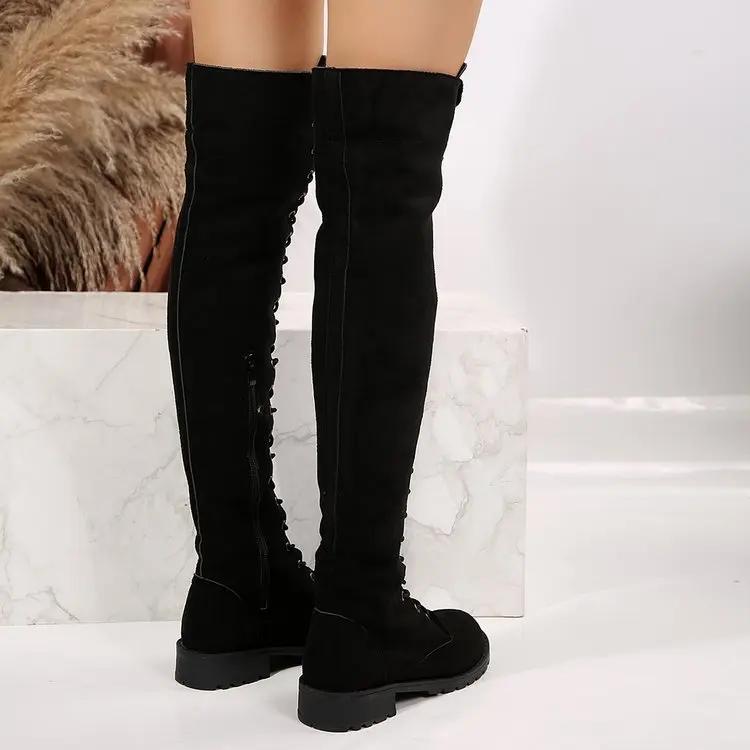 Fashion Casual Women's Boots Low Heels Flock Over Knee Boots for Woman 2024 New Cross Strap Lace Up Fashion Female Thigh High Boots