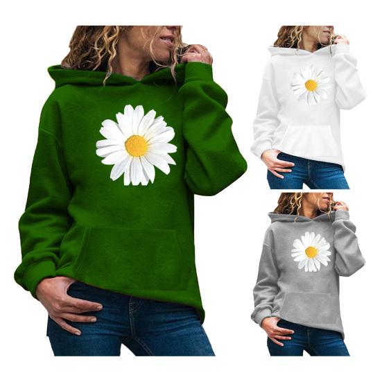 Autumn Spring Hoodie with Big Front Pocket Flower Printing Long Sleeve with Elastic Cuffs Pullover Thic Hooded Sweatshirt Daily Wear Sport Top