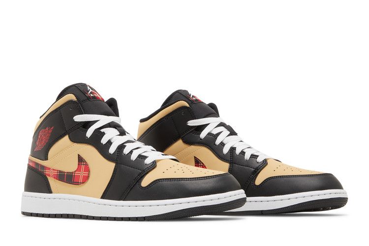 Men's Sneakers Air Jordan 1 Mid Tartan Swoosh Black/Multi-Color-Sesame-Fire Red-White
